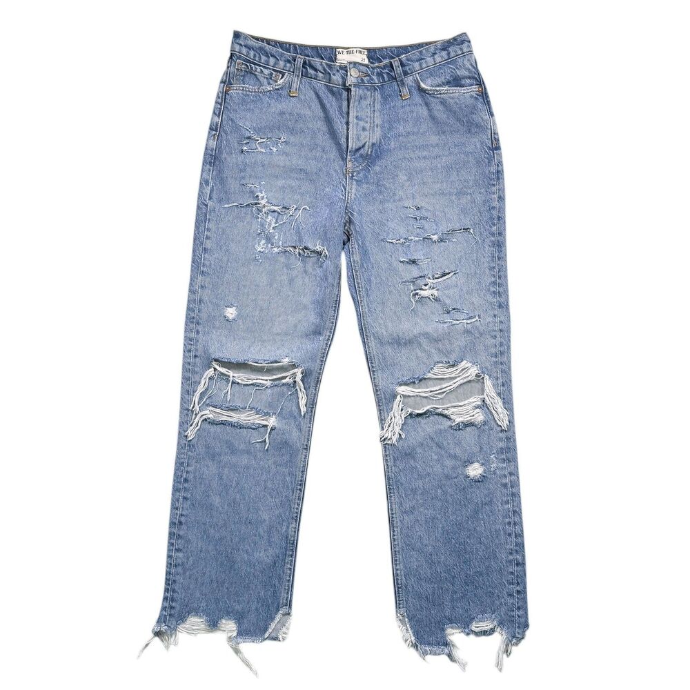 We The Free Womens 29 Distressed Boyfriend Jeans High Rise Tapered Baggy Denim
